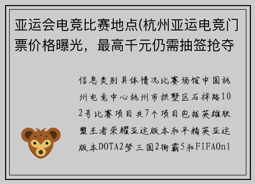 亚运会电竞比赛地点(杭州亚运电竞门票价格曝光，最高千元仍需抽签抢夺)
